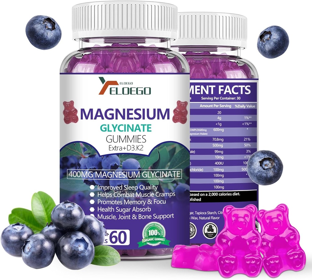 Gummys μαγνησίου 600mg ανά Γλυκινικό σερβιρίσματος-μαγνησίου 400mg και Μαγνησίου 200mg, Επιπλέον K2 & D3, Υψηλή Απορρόφηση Μαγνήσιο συμπλήρωμα για τον ύπνο, ανακούφιση στρες, υποστήριξη νεύρων, βατόμουρα (60 CT)