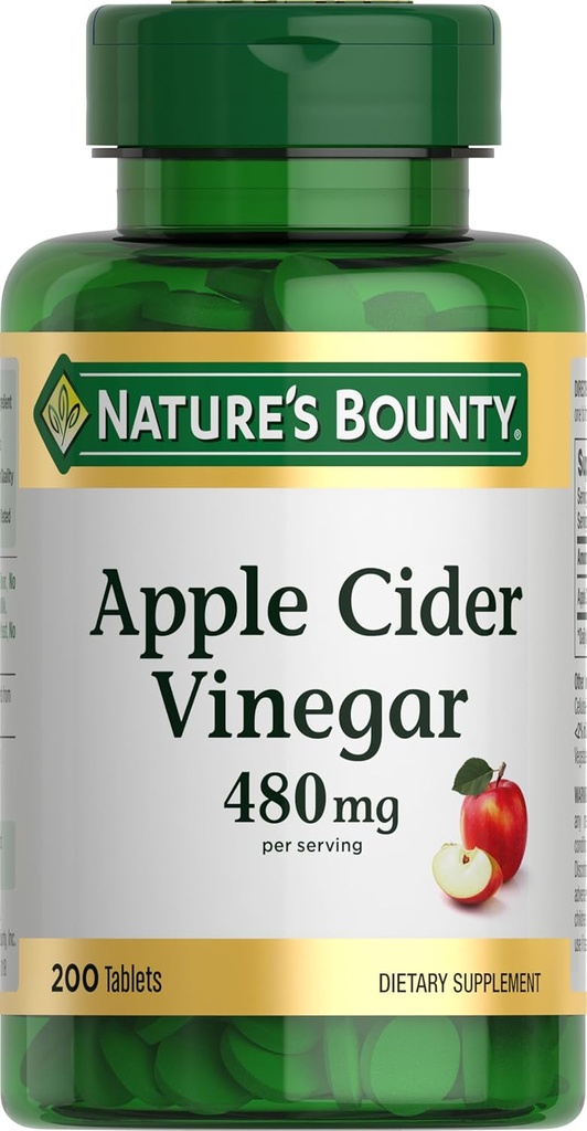 Nature's Bounty Apple Cider Vinegar 480mg Pills, Vegetarian Supplement Plant Based, 200 Tablets