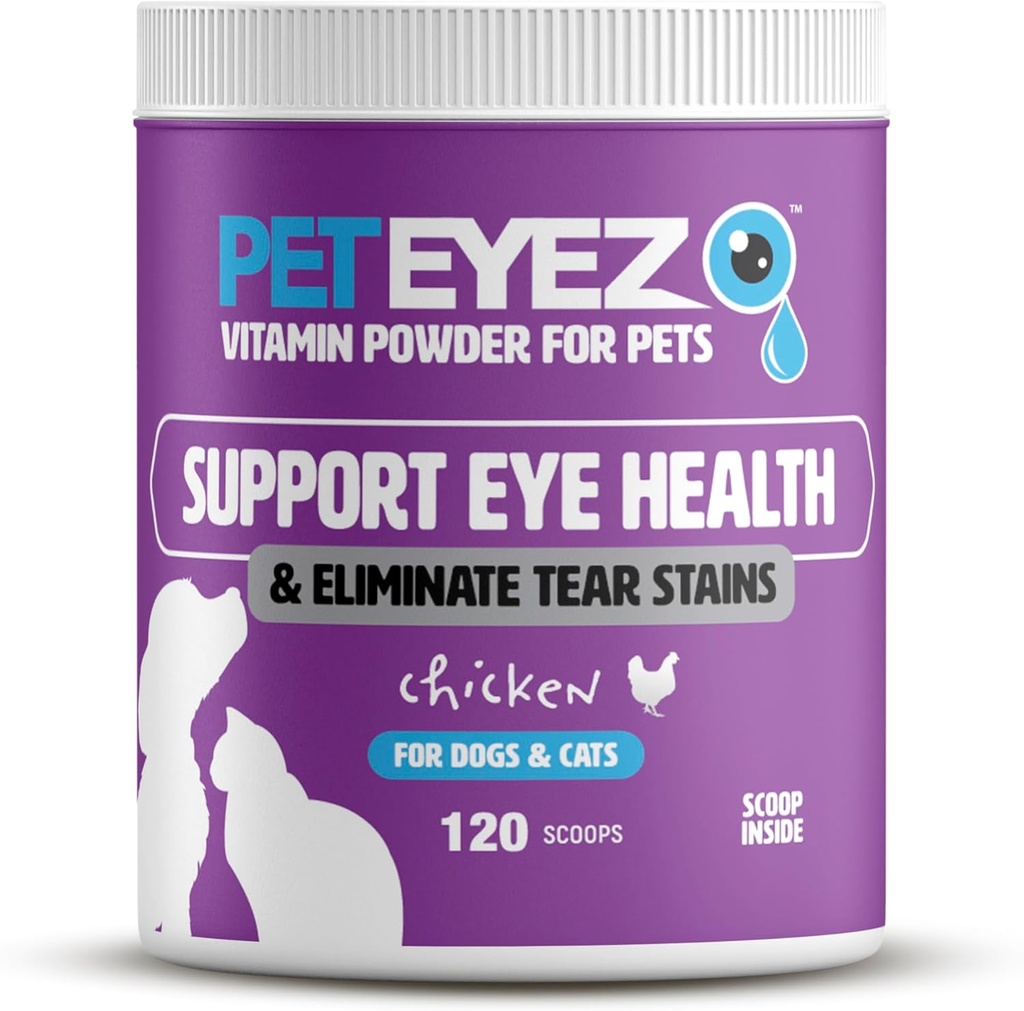 Pet Eyez Vitamin Powder for Pets - Υποστηρίζει την υγεία των ματιών & μειώνει την ανάπτυξη δακρυγόνων - 100% φυσικό πιπέρι τροφίμων για σκύλους & γάτες με superfoods, αντιοξειδωτικά & θρεπτικά συστατικά - κοτόπουλο γεύση - 120 scoops