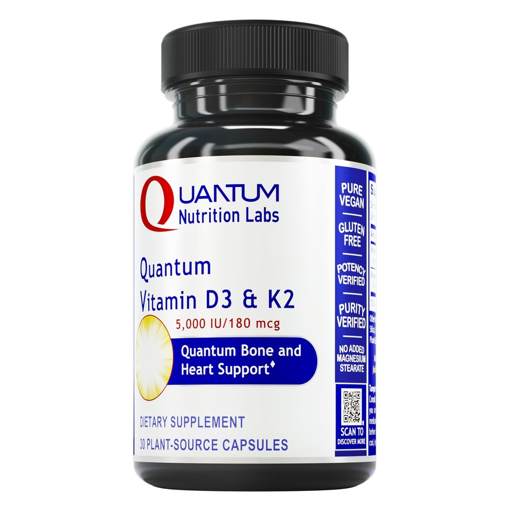 Quantum Nutrition Labs Vitamin D3 and K2 Supplement - Υποστήριξη για την υγεία των οστών και της καρδιάς για γυναίκες & άνδρες, 5000 IU, Vegan Βιταμίνες, Επιτρέπει την απορρόφηση ασβεστίου, χωρίς γλουτένη - 30 Κάψουλες με βάση το φυτό