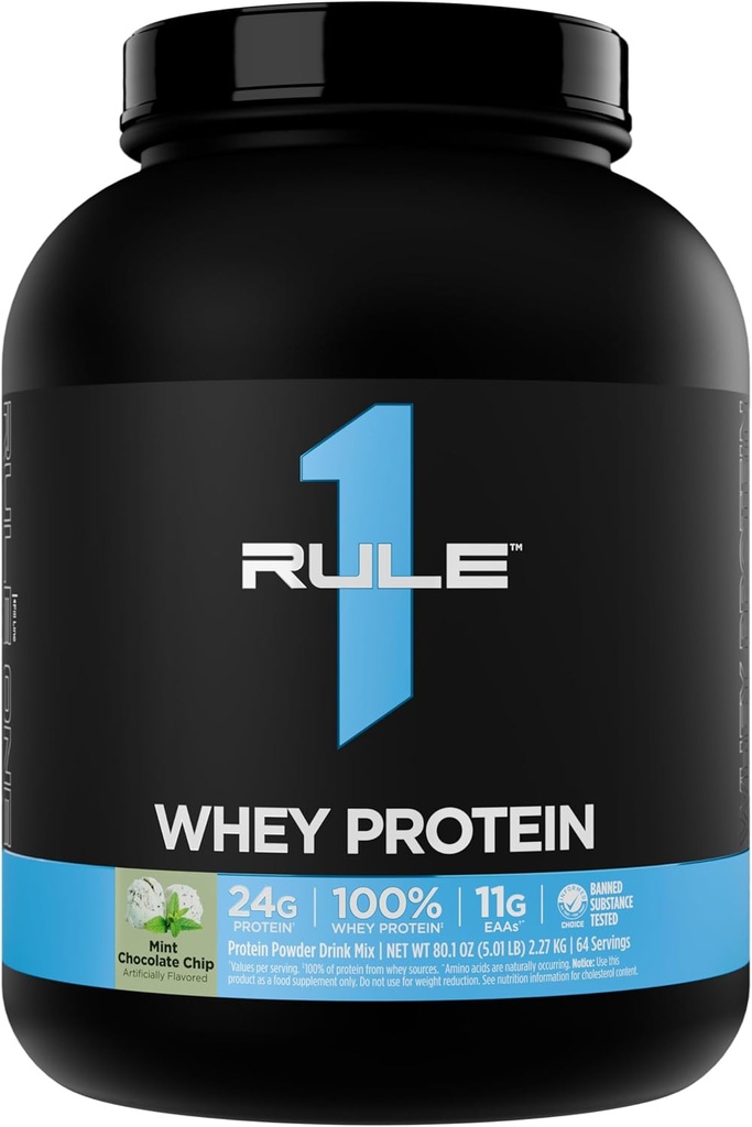 Rule 1 Whey Protein – 24g Fast-Acting Protein from All-Whey Sources with Naturally Occurring EAAs & BCAAs for Workout Recovery or Anytime Use (5 Pounds*, Mint Chocolate Chip)