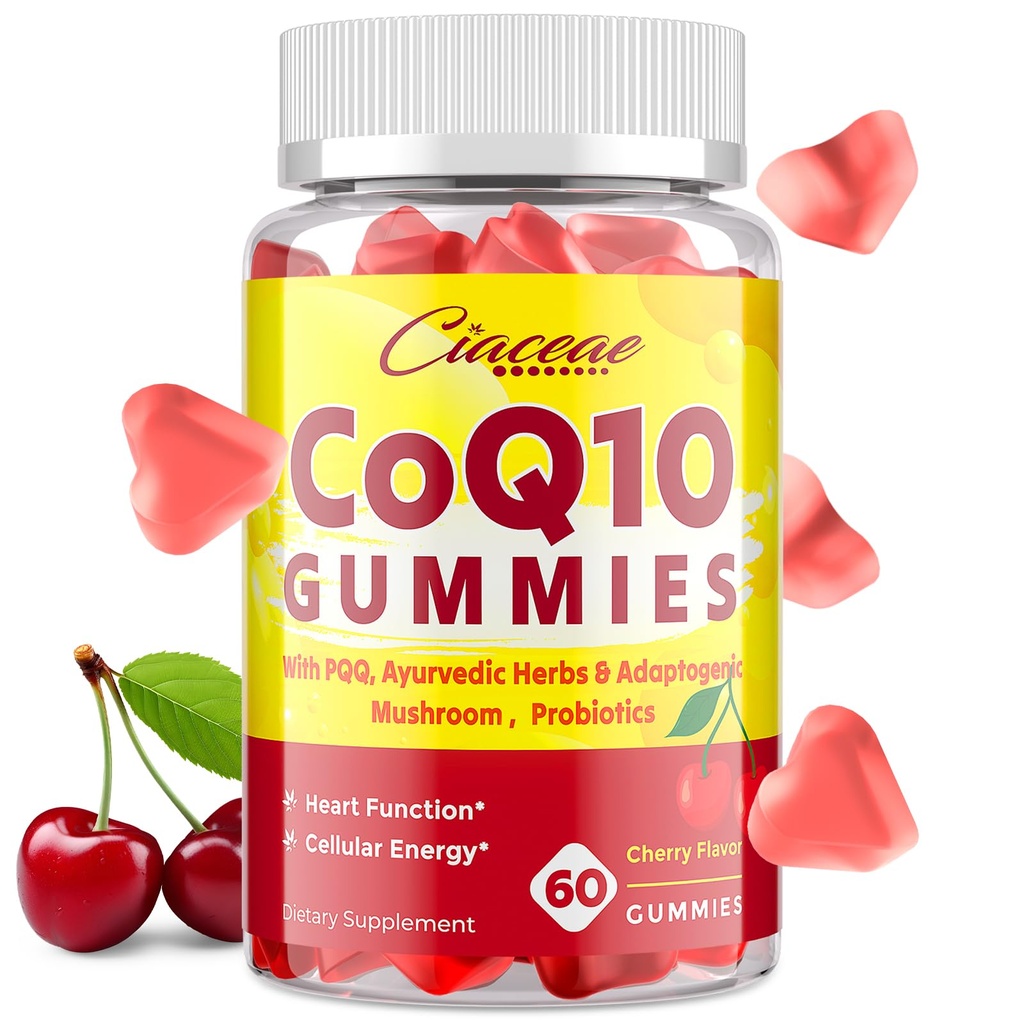 CoQ10 Gummies με PQQ - 400 MG Συνένζυμο Q10 Υψηλής Ικανότητας, Ενισχυμένο με Αγιουρβεντικά Βότανα, Προσαρμοσμένο Mushroom Blend & Προβιοτικά για Καρδιά, Εγκεφαλικό, Ενέργεια, Ανοσία, Κεράσι Γεύση, 60 Vegan Gummies
