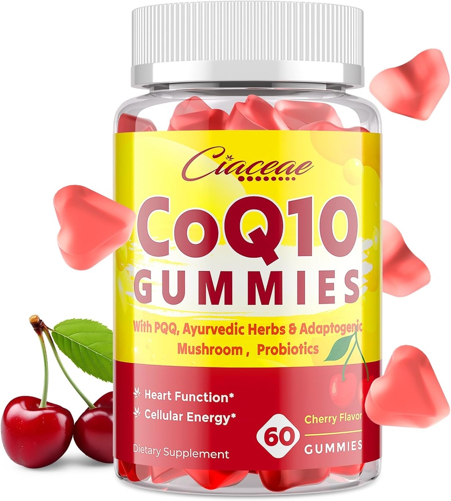 CoQ10 Gummies with PQQ - 400 MG Coenzyme Q10 High Potency, Enhanced with Ayurvedic Herbs, Adaptogenic Mushroom Blend & Probiotics for Heart, Brain, Energy, Immunity, Cherry Flavor, 60 Vegan Gummies