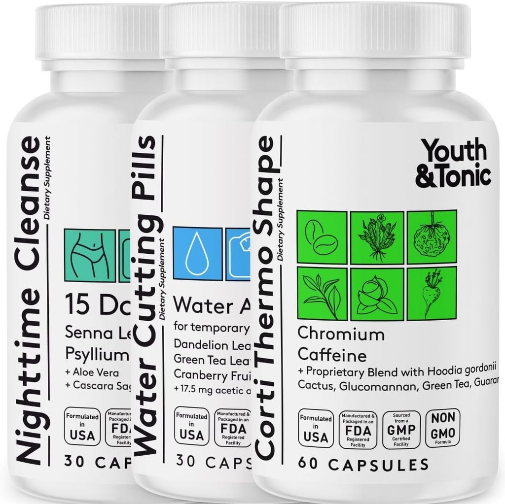 Youth & Tonic Sculpt Shred Cleanse Detox 3X Weight Loss Pills: Appetite Suppressant, Fat Burner, Energy Booster & Nighttime Cleanse for Diet – 120 Pills