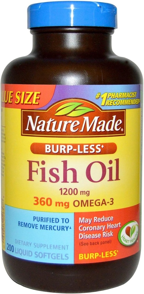 Nature Made Burp-Less Fish Oil 1200mg, 360mg Omega-3, Liquid Softgels 200 ea (πακέτο του 2)