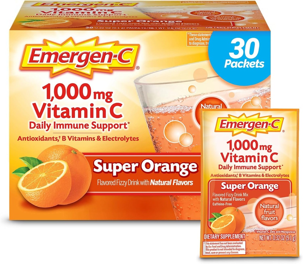Emergen-C 1000mg σκόνη βιταμίνης C για την καθημερινή ανοσοποιητική υποστήριξη Caffeine Δωρεάν συμπληρώματα βιταμίνης C με ψευδάργυρο και Μαγγάνιο, βιταμίνες Β και ηλεκτρολύτες, Super Orange Flavor - 30 Count