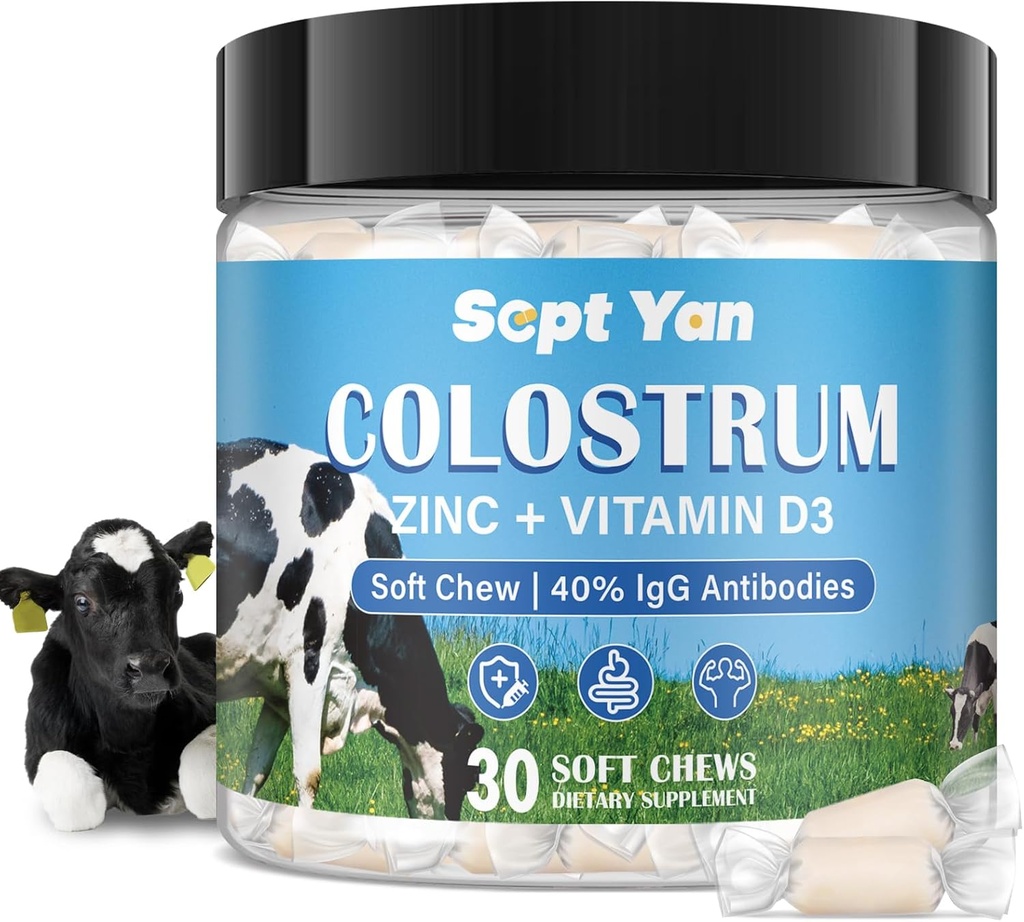 Colostrum Soft Chew Supplement (3000mg + 40% IgG), συμπυκνωμένο Bovine Colostrum Superfood Plus Βιταμίνη D3 & Zine για την υγεία των ούρων, ανοσοποιητική υποστήριξη, αποκατάσταση μυών & ευεξία, χόρτο Fed, 30 μάσημα