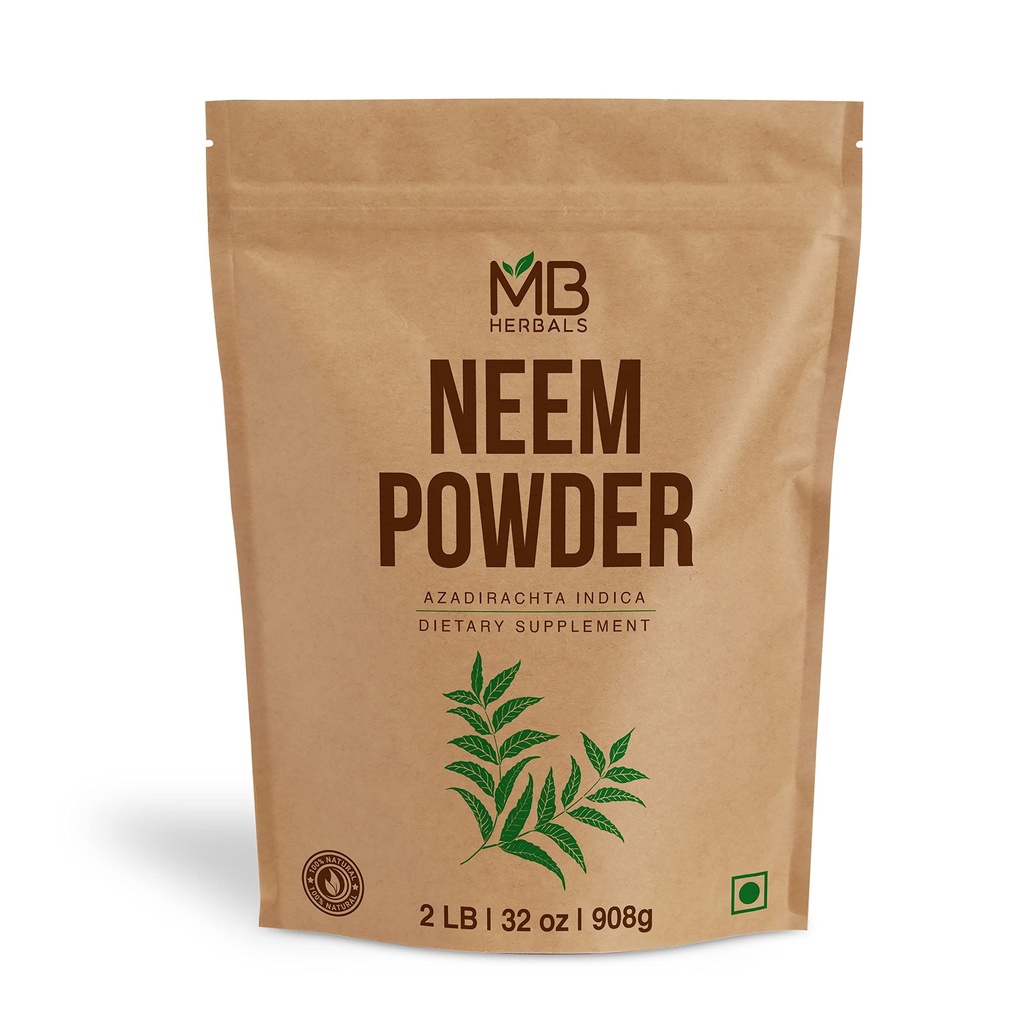 MB Herbals Pure Neem Powder 2 lb | 32 oz | 908 Gram | 100% Pure Wild-Crafted Neem Leaf Powder | Very Bitter Neem Supplement for Skin Hair & Detox | Azadirachta Indica