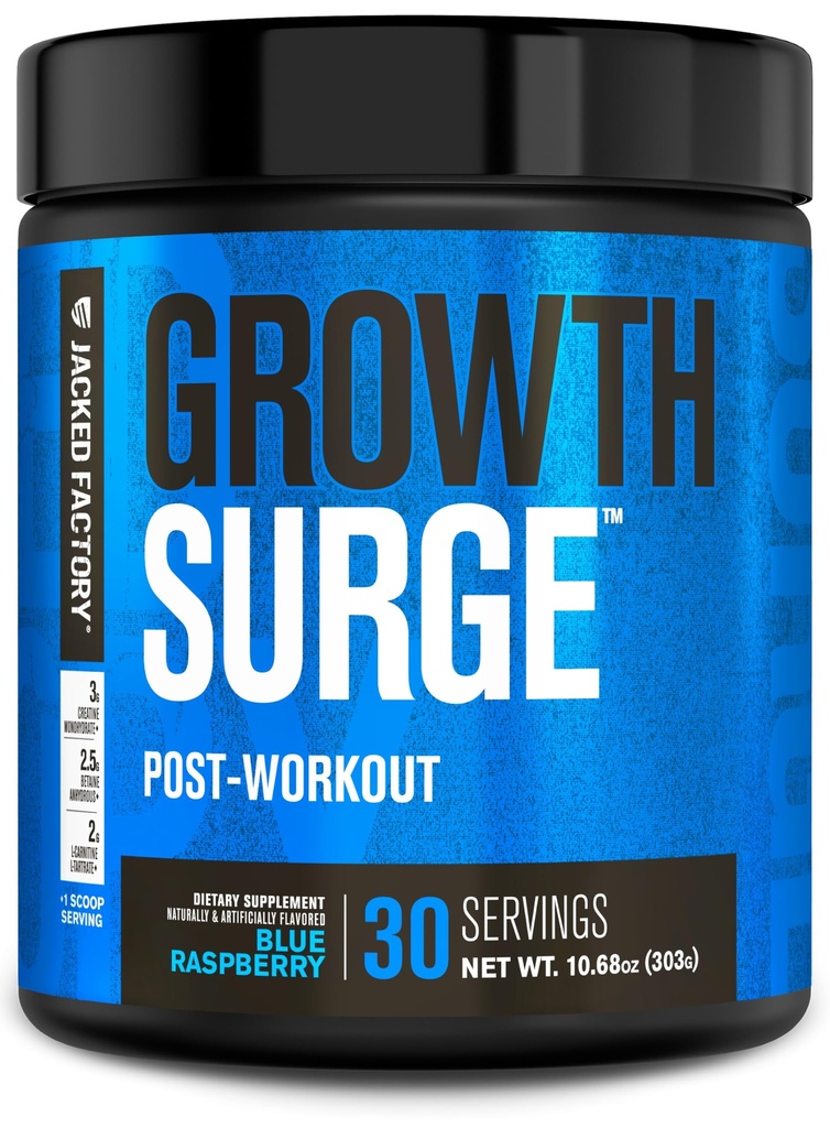 Jacked Factory Growth Surge Creatine Post Workout w/L-Carnitine - Daily Mus Builder & Recovery Supplement with Creatine Monohydrate, Betaine, L-Carnitine L-Tartrate - 30 Servings, Blue Raspberry