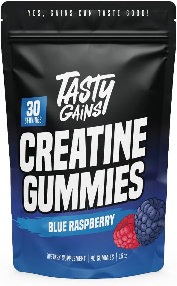 TASTY GAINS Creatine Gummies - 90g Creatine Monohydrate - Συμπληρώματα προπόνησης - Build Muscle & Boost Strength for Men & Women - Made in USA - Non GMO - Vegan Friendly (Large, Blue Raspberry)