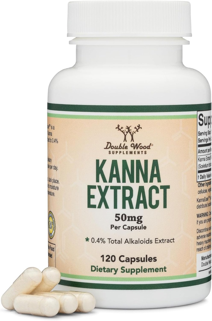 Kanna Extract Supplement (Sceletium Tortuosum) - 50mg ανά κάψουλες, 120 Count - για χαλάρωση και την ειρήνη του μυαλού (ελαχ. 4% Σύνολο Αλκαλοειδών) Μη ΓΤΟ, Χωρίς γλουτένη, Vegan Safe by Double Wood