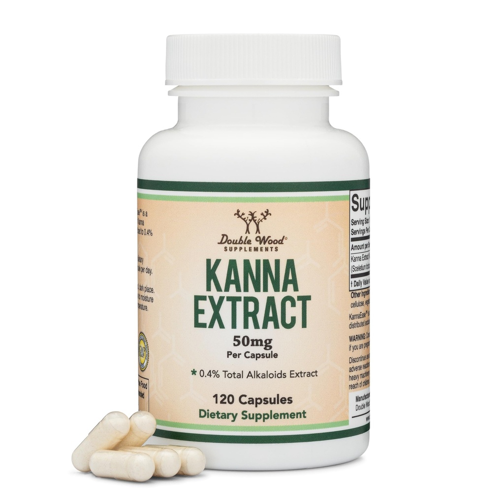 Kanna Extract Supplement (Sceletium Tortuosum) - 50mg ανά κάψουλες, 120 Count - για χαλάρωση και την ειρήνη του μυαλού (ελαχ. 4% Σύνολο Αλκαλοειδών) Μη ΓΤΟ, Χωρίς γλουτένη, Vegan Safe by Double Wood