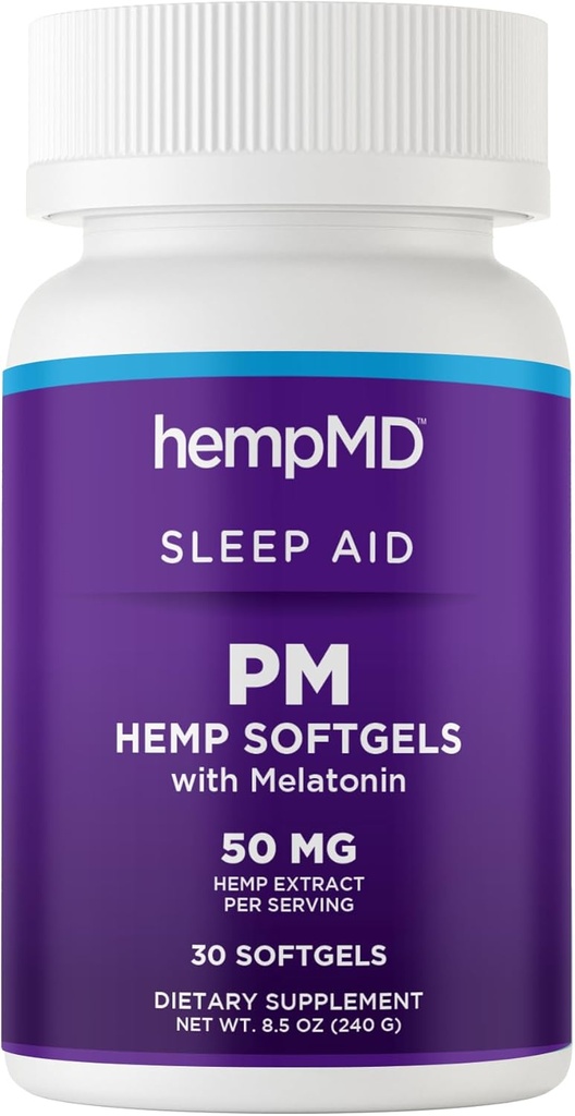 hempMD Hemp Melatonin Sleep Aid Softgels - 100% Natural Fast Acting Oil - Vegan Non GMO Gluten Free - Improved Formula for Deep Sleep with Relaxing Blend of Natural Herbs