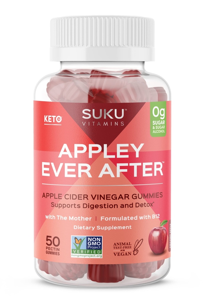 SUKU Appley Ever After Gummies – Ξίδι μηλίτη μήλου με μεθυλιωμένο B12 & φολικό – Χωρίς ζάχαρη, χωρίς γλουτένη, Vegan Detox & Energy Support – Amazing Apple Flavor – 50 Count
