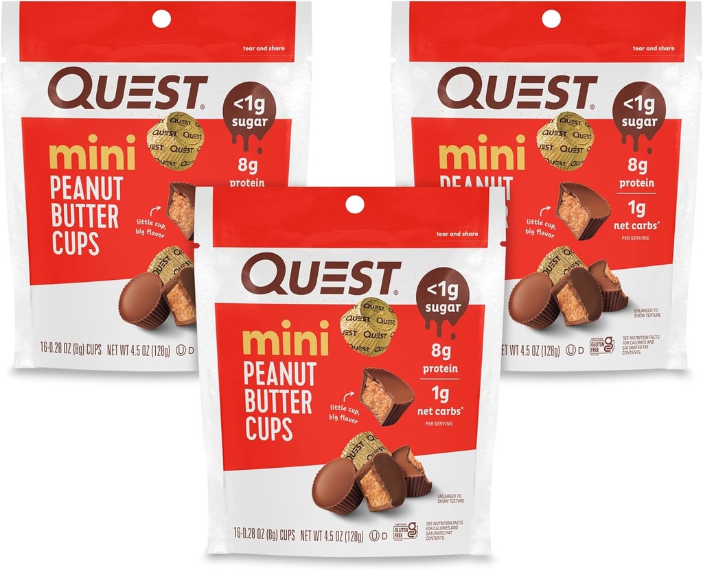 Quest Διατροφή μίνι φυστικοβούτυρο κύπελλα, υψηλή πρωτεΐνη, χαμηλή υδατάνθρακες, χωρίς γλουτένη, 16 κόμης (πακέτο των 3)