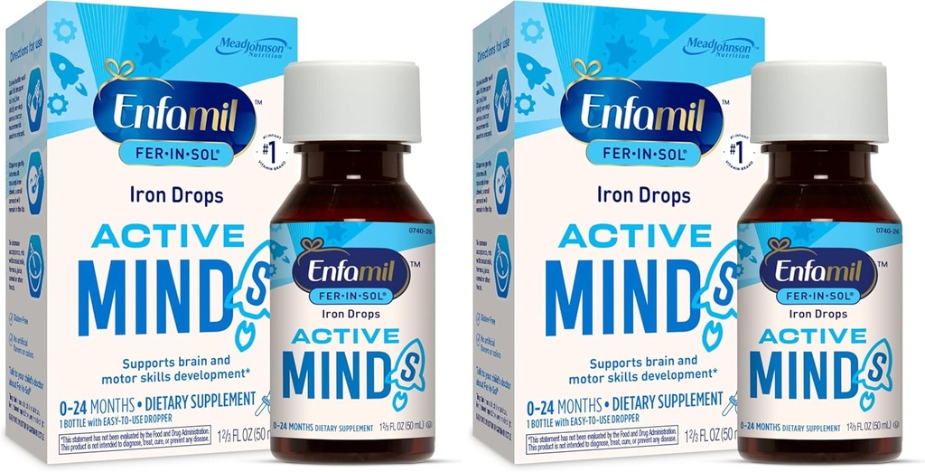 Enfamil Fer-in-Sol Iron Supplement Drops for Infants & Toddlers, υποστηρίζει την ανάπτυξη του εγκεφάλου, 50 mL μπουκάλι σταγονόμετρο (πακέτο του 2)