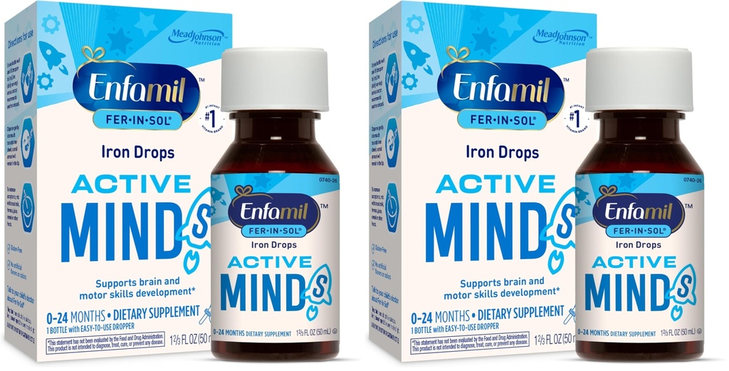 Enfamil Fer-in-Sol Iron Supplement Drops for Infants & Toddlers, υποστηρίζει την ανάπτυξη του εγκεφάλου, 50 mL μπουκάλι σταγονόμετρο (πακέτο του 2)
