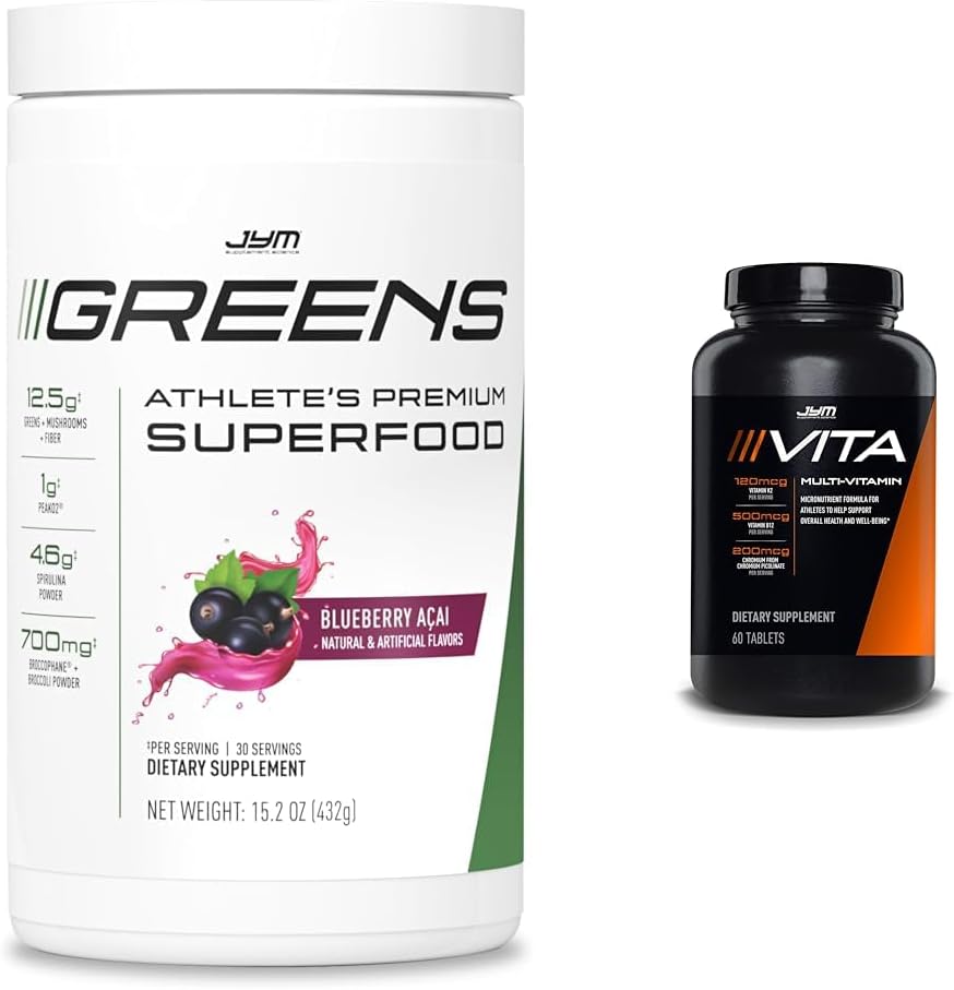 JYM Greens Super Food Βατόμουρο Acai σκόνη με Spirulina & Vita JYM πολυβιταμίνη για αθλητές 60 δισκία