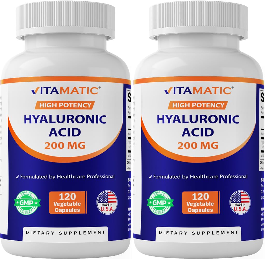 Vitamatic 2 Pack Hyaluronic Acid Συμπληρώματα 200mg - Υποστηρίζει υγιή συνδετικό ιστό και αρθρώσεις - Προώθηση της Νεανικής Υγιεινής Δέρμα - Σύνολο 240 Κάψουλες