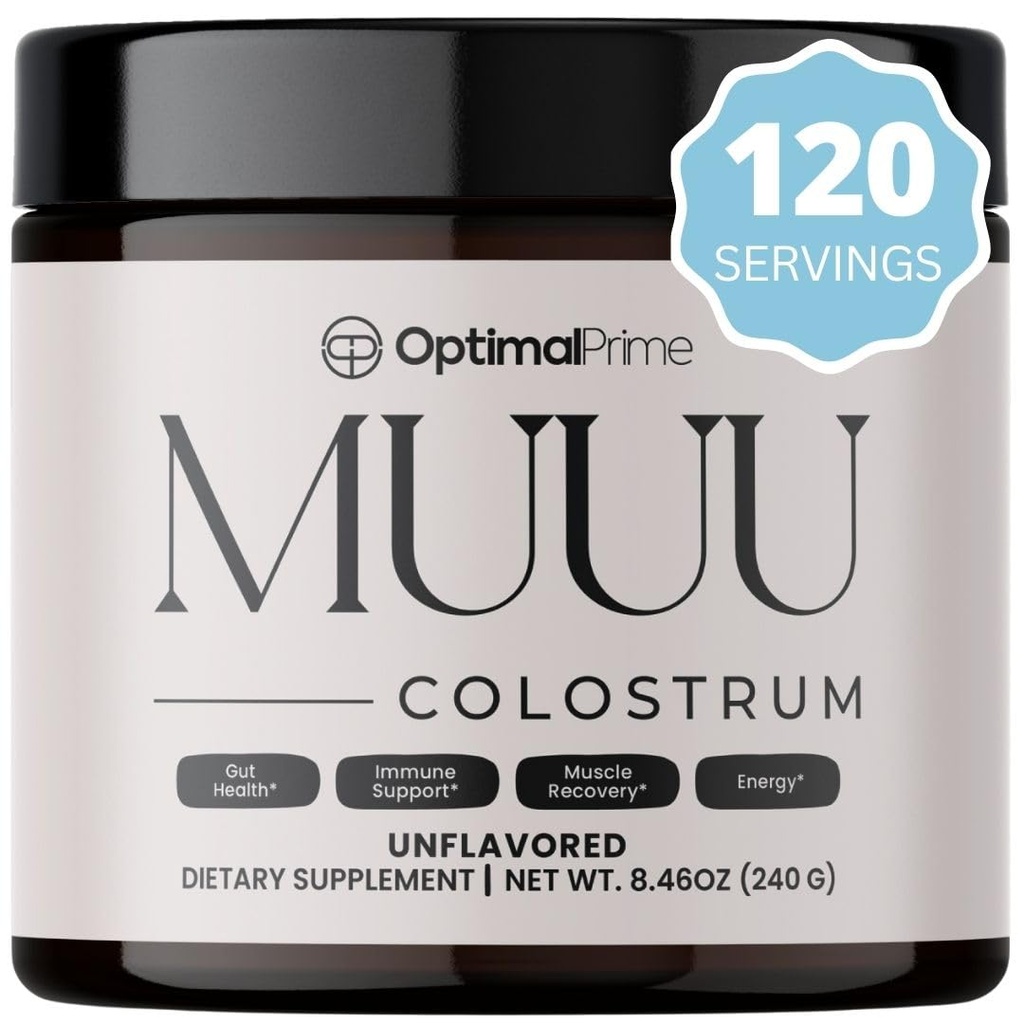 Βέλτιστη Prime - MUUU συμπλήρωμα Bovine Colostrum και Superfood Powder για την υγεία των ούρων, Bloating, Immune Support, μαλλιά, δέρμα, και νύχια Άγευστα, 120 εξυπηρετούν