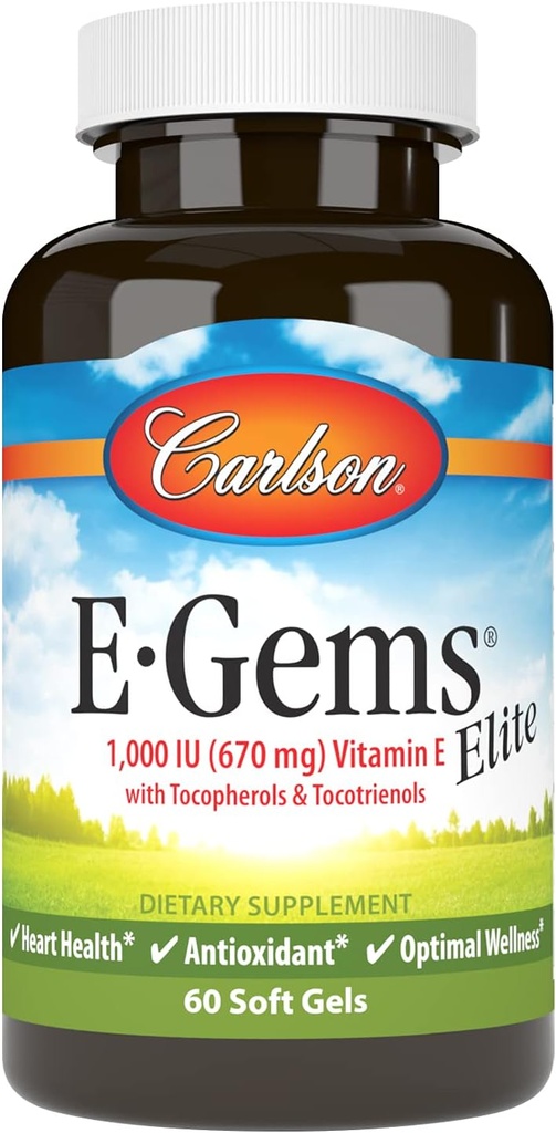 Carlson - E-Gems Elite, 1000 IU (670 mg) Βιταμίνη Ε με τοκοφερόλες και τοκοτριενόλες, Βέλτιστη ευεξία, 60 Softgels