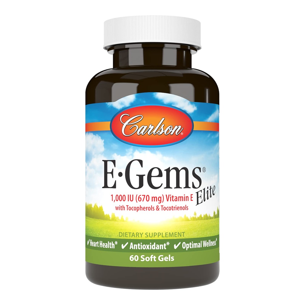 Carlson - E-Gems Elite, 1000 IU (670 mg) Βιταμίνη Ε με τοκοφερόλες και τοκοτριενόλες, Βέλτιστη ευεξία, 60 Softgels
