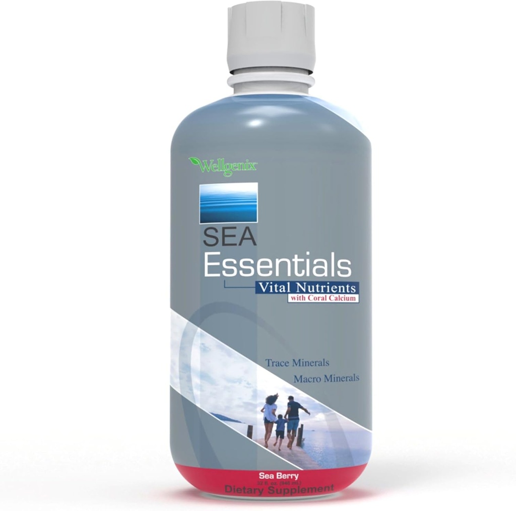Wellgenix Sea Essentials Coral Calcium Liquid Vitamin για υψηλή απορρόφηση - Διατροφικό συμπλήρωμα πολυβιταμινών - Sea Berry Flavor 32 Oz