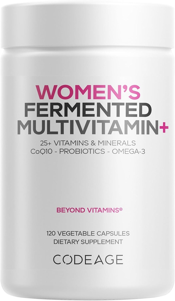 Codeage Women’s Daily Multivitamin, 25+ Βιταμίνες & Ορυκτά, Ζυμωμένα, Βιολογικά Ολόκληρα Τρόφιμα, Συμπληρώματα Προβιοτικών - Βιταμίνη Α, Β, C, D, E & K, Ωμέγα 3, Ψευδάργυρος – Vegan - 120 Κάψουλες