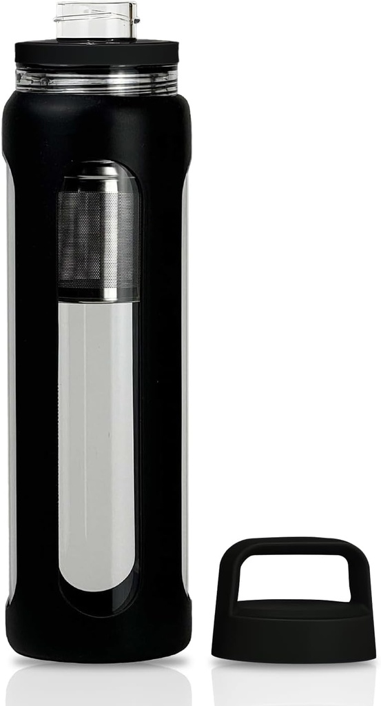 20oz Γυάλινο Μπουκάλι νερού με μανίκι σιλικόνης, 600ml Mug με 2 Tier Lid (Wide Mouth and Small Mouth Straight Drinking) με Tea Leak Bottle - Γυμναστήριο Yoga Εξωτερική Δραστηριότητες (Μαύρο)