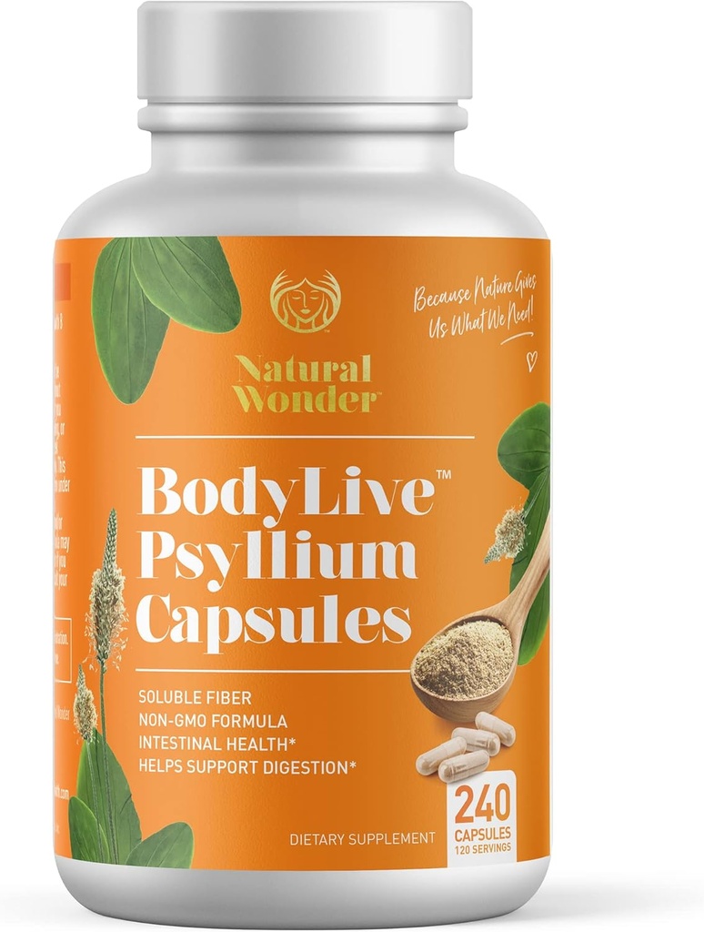 BodyLive Psyllium Husk Fiber Capsule Non-GMO 725mg, 240 Κάψουλες (1450mg/serving, 120 Servings) Συμπλήρωμα για τον καθαρισμό του παχέος εντέρου, την κανονικότητα, την υγιή πέψη, την προβιοτική, τη γαλακτωματική, την καρδιακή υγεία