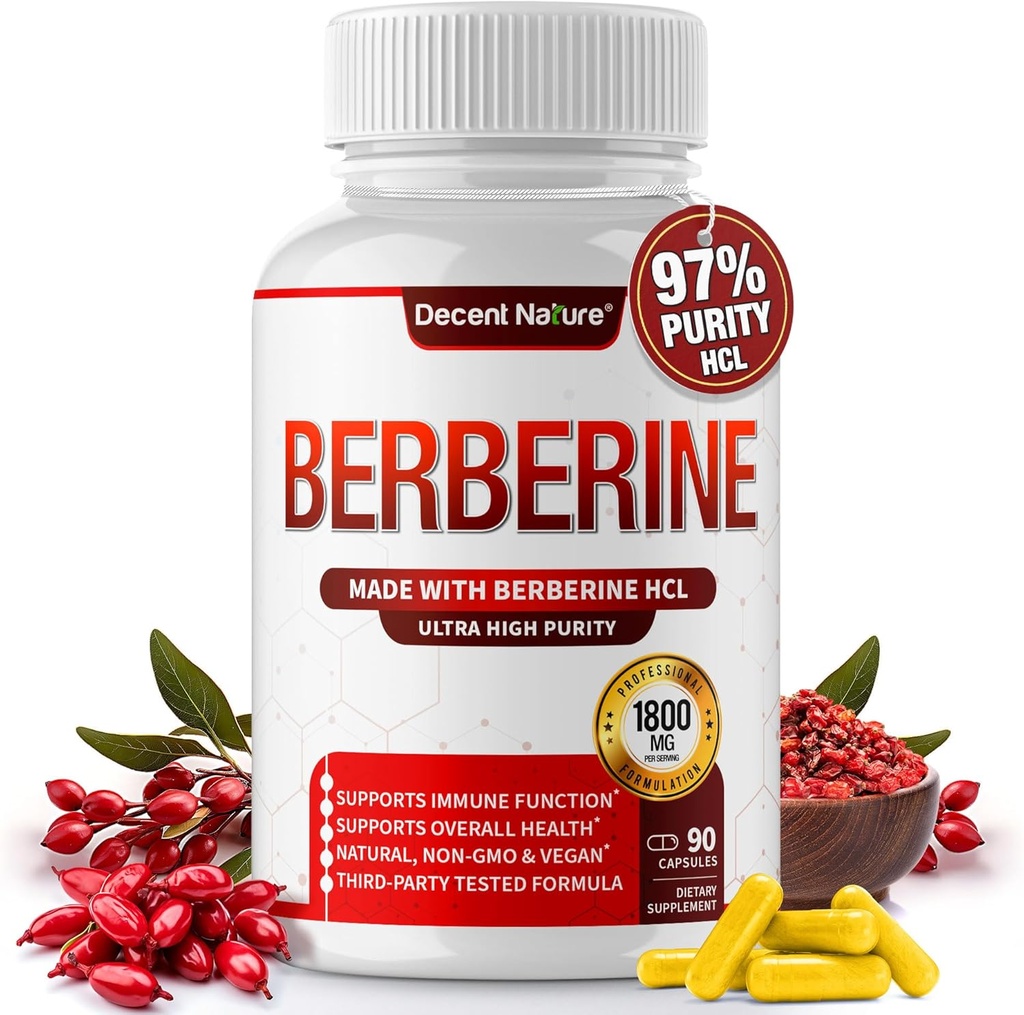 Berberine Supplement 1800mg - Premium Berberine HCl 97% High Purity, Supports Immune System, High Potency Hydrochloride & Extract, Activates AMPK & GLP-1, Non-GMO Vegan, for Men Woman 90 Capsules