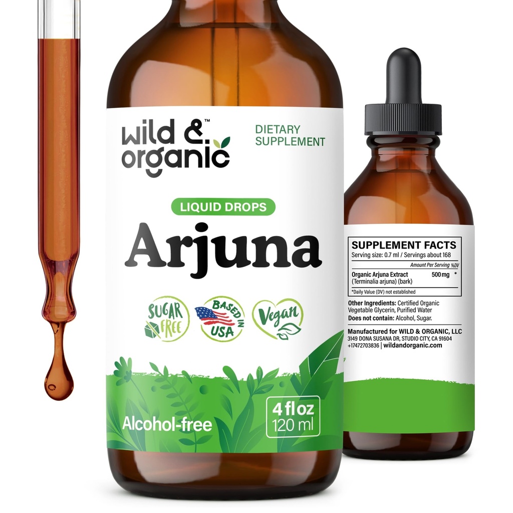 Wild & Organic Arjuna Bark Tincture - Γενική Συμπλήρωμα Ευεξίας - Χωρίς Αλκοόλ Υγρές σταγόνες - Terminalia Arjuna Bark Extract - Όχι Ζάχαρη & Πρόσθετα, Μη-GMO - 4 fl oz