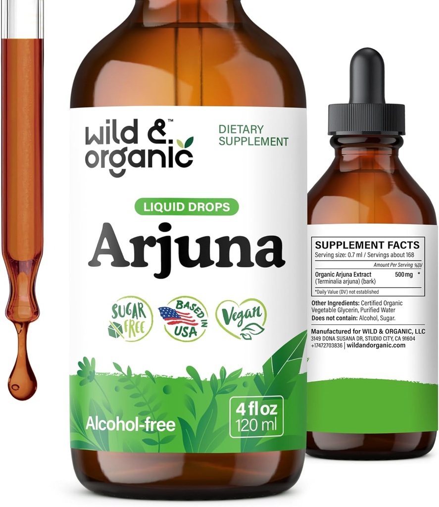 Wild & Organic Arjuna Bark Tincture - Γενική Συμπλήρωμα Ευεξίας - Χωρίς Αλκοόλ Υγρές σταγόνες - Terminalia Arjuna Bark Extract - Όχι Ζάχαρη & Πρόσθετα, Μη-GMO - 4 fl oz
