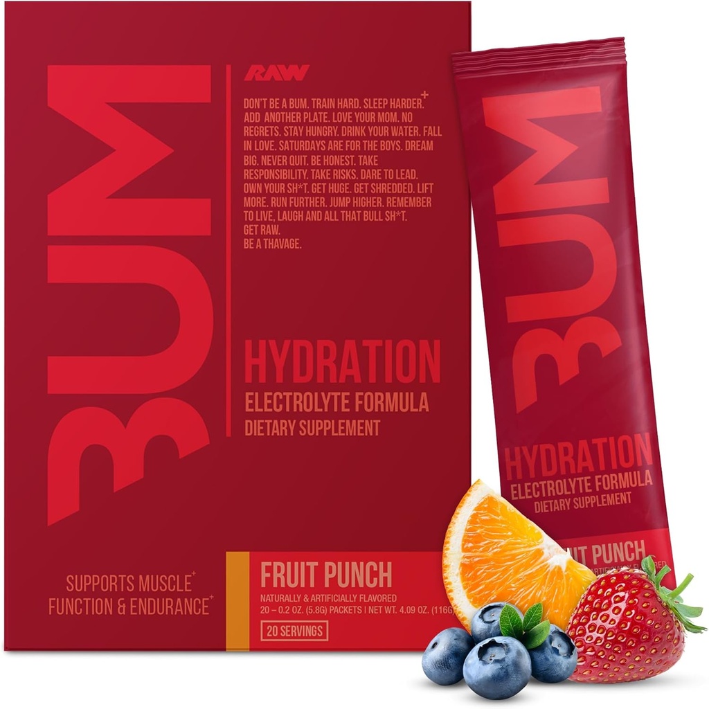 RAW Ηλεκτρολύτες Ενυδατικό Μείγμα Ποτών, BUM Hydrate (Fruit Punch, 20 Services) - Ηλεκτρολύτες Ενυδάτωση Πακέτα Υποστηρίζει τη λειτουργία των μυών και την αντοχή - Keto Δωρεάν Ηλεκτρολυτές Powder Packets