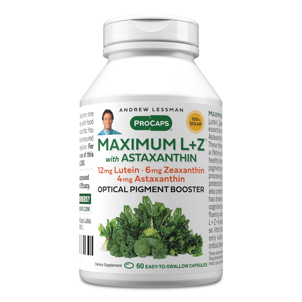 ANDREW LESSMAN Μέγιστο L+Z με Ασταξανθίνη 60 Softgels - 12mg Lutein, 6mg Zeaxanthin, 4mg Ασταξανθίνη. Βασικά θρεπτικά συστατικά για την υποστήριξη της υγείας των ματιών και του εγκεφάλου, και την προώθηση της υγιούς όρασης.
