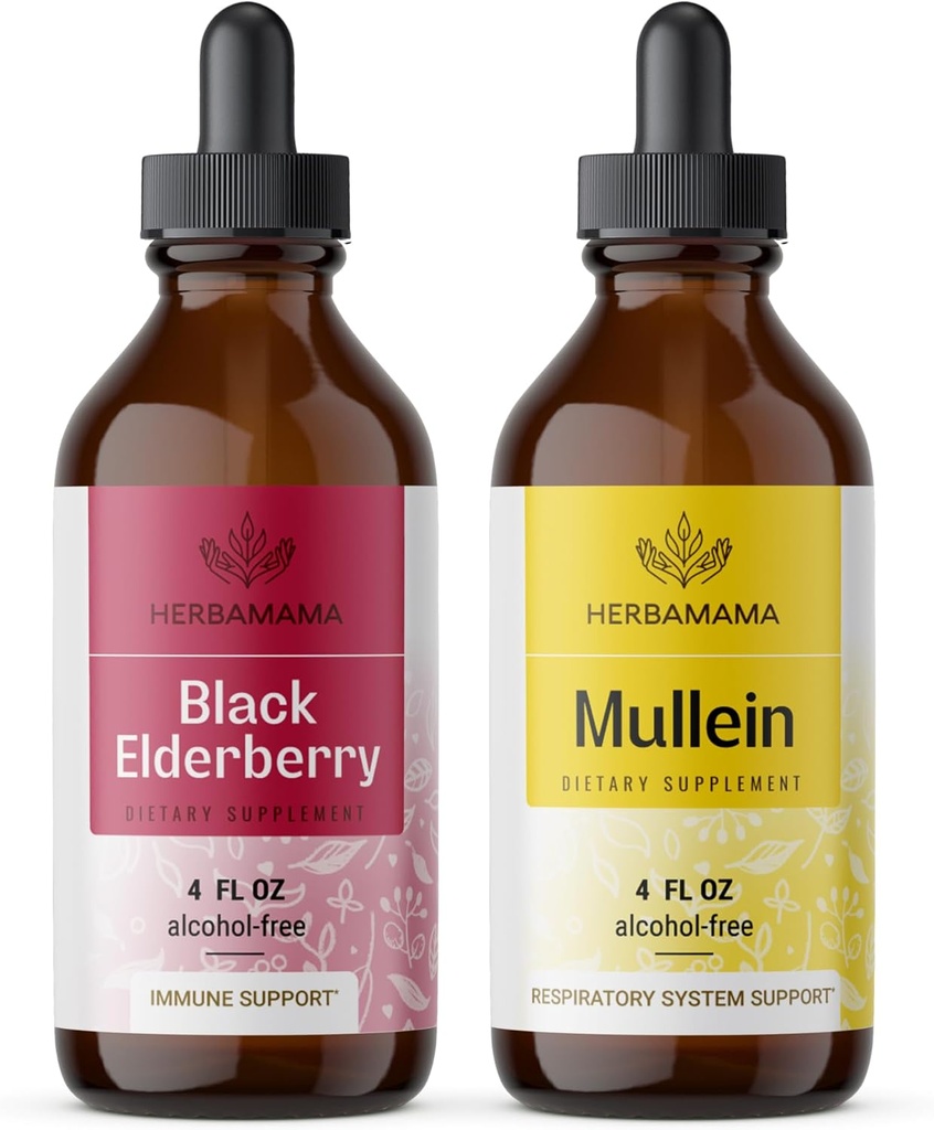 HERBAMA Herbal Liquid Drops Kit - Bundle of Black Elderberry Extract and Mullein Leaf Tincture 4 fl oz - Vegan, Non-GMO, Sugar & Alcohol-Free - 2 Pack