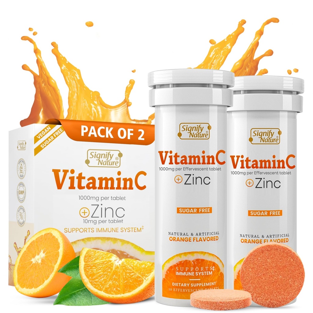 SIGNIFY ΦΥΣΗ Βιταμίνη C 1000mg Αναβράζοντα Δισκία - Ισχυρή Ανοσολογική Υποστήριξη VIT C με Συμπλήρωμα ψευδαργύρου - Χωρίς ζάχαρη & Vegan Formula 
