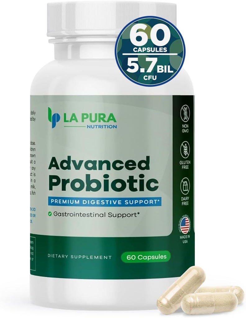 LaPura Advanced Probiotic - Premium Digestive Support for Gut & Immune Health, 60 Κάψουλες - 5,75 δισεκατομμύρια CFU Probiotics συμπεριλαμβανομένου DE111 Strain (Bacillus subtilis) - Μη Γλουτένη-ελεύθερος, Κατασκευασμένο στις ΗΠΑ