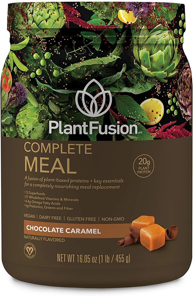 PlantFusion Complete Meal Replacement Shake - Φυτική σκόνη πρωτεΐνης με Superfoods, Πράσινα & Προβιοτικά - Vegan, Χωρίς γλουτένη, Χωρίς σόγια, Χωρίς ζάχαρη, Μη ΓΤΟ - Σοκολάτα Caramel 1 lb
