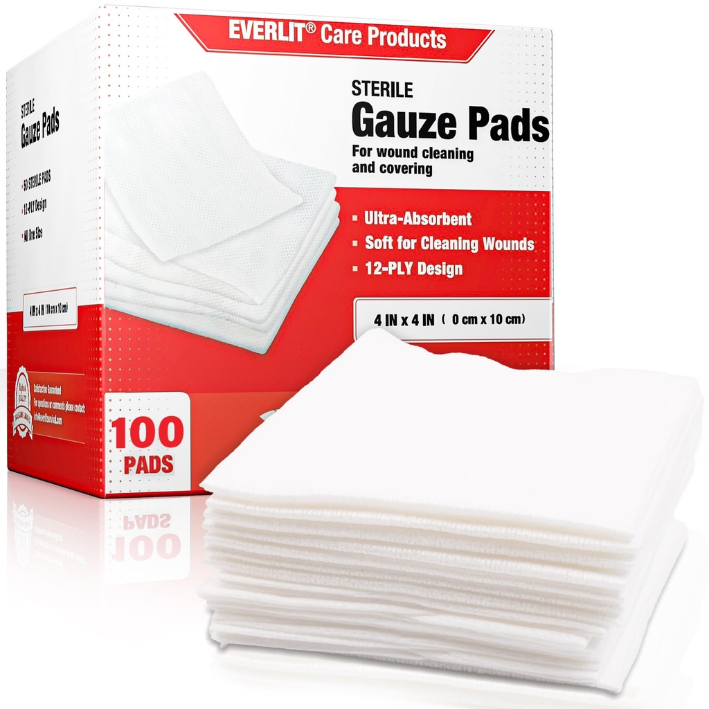EVERLIT [Extra-Thick] 4''x4'' Sterile Gauze Pad 12-Ply, 100 Pack, Individual Wrapped, Ultra Absorbent Μεγάλο Μη-Woven Ιατρικό Gauze Σφουγγάρια για τη φροντίδα του τραύματος Home First Aid Kit