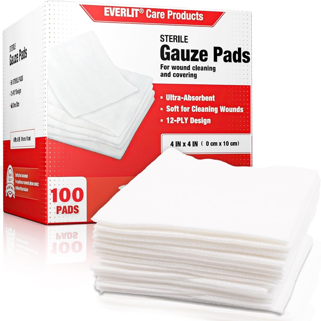 EVERLIT [Extra-Thick] 4''x4'' Sterile Gauze Pad 12-Ply, 100 Pack, Individual Wrapped, Ultra Absorbent Μεγάλο Μη-Woven Ιατρικό Gauze Σφουγγάρια για τη φροντίδα του τραύματος Home First Aid Kit