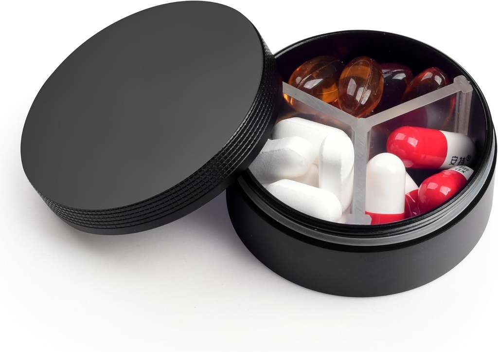 Μικρό χάπι περίπτωση 3 διαμερίσματα, μεταλλικό γύρο Φορητό κουτί χάπι, Αδιάβροχο Travel Pill Organizer, Pocket Purse Medicine Κάτοχος βιταμίνης EDC Container (Μαύρο)