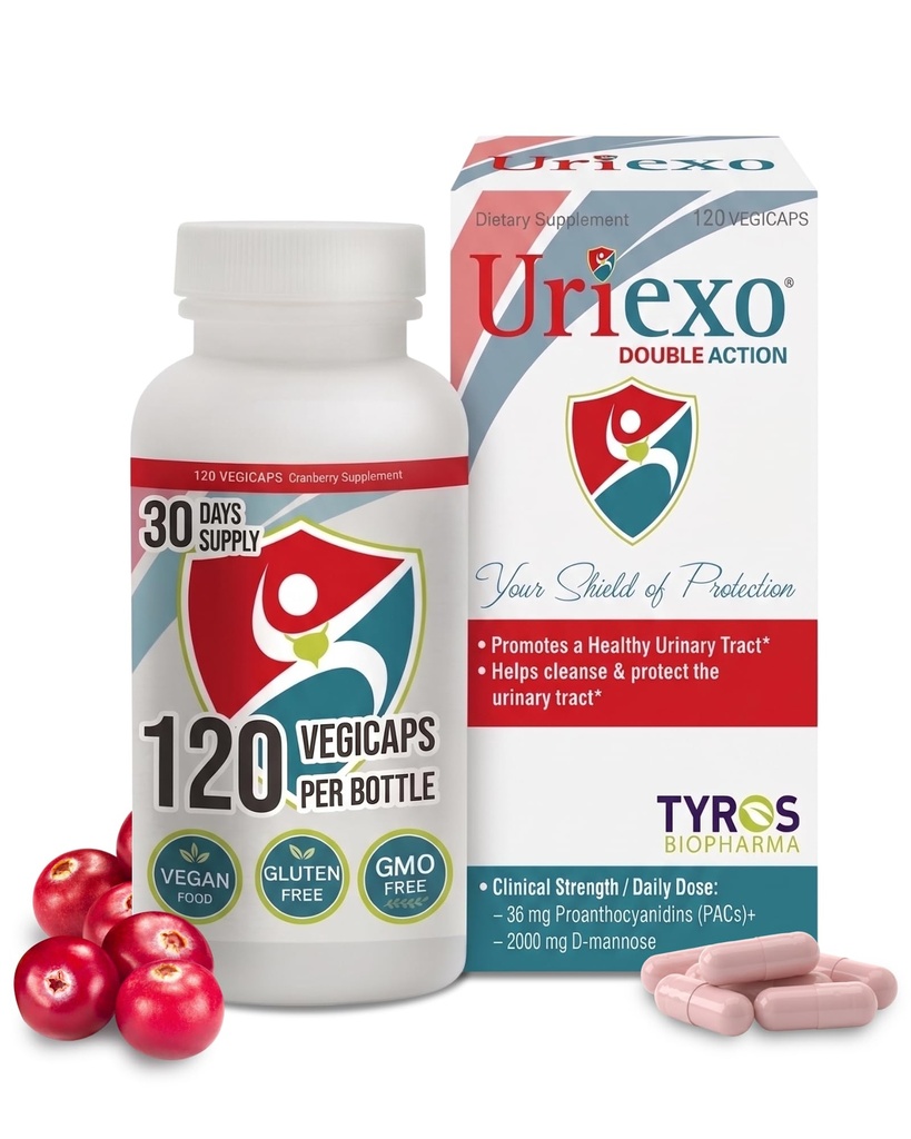 Uriexo Double Action Support Cranberry Pills - Urinary Tract Health Supplement with 36mg Proanthocyanidins PACs & 2000mg D-Mannose, Capsules for Men & Women, Non-Antibiotic Formula, 30 Day Supply