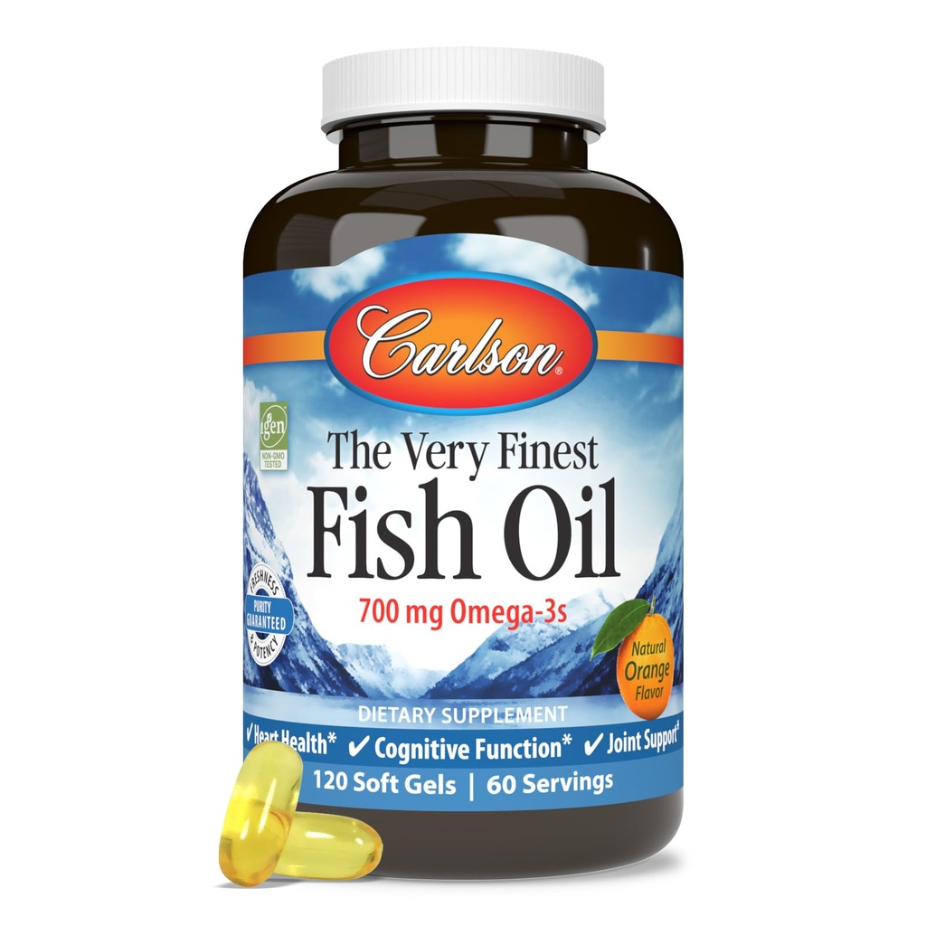 Carlson - The Very Finest Fish Oil, 700 mg Omega-3s, Νορβηγικό συμπλήρωμα ιχθυελαίου, Wild Captated Omega 3 Fish Oil, Sustainablely Soured Fish Oil Capsules, Omega 3 Supplement, Orange, 120 Softgels