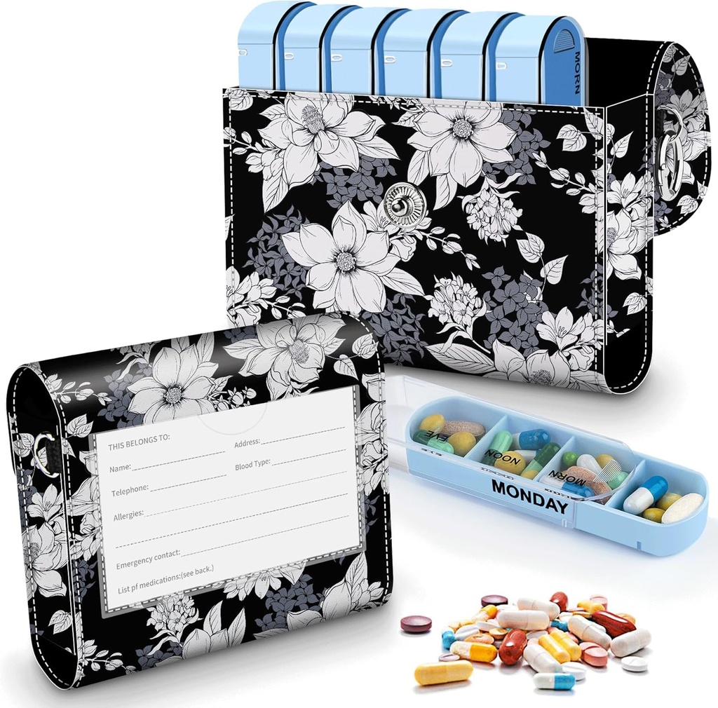 Pill Organizer Case, Weekly Travel Pill Case Medication Υπενθύμιση Καθημερινά AM PM, Day Night 7 Compartments, for 4 Times A Day, 7 Days a Week-Includes Elegant Printed Leather Carrying Case