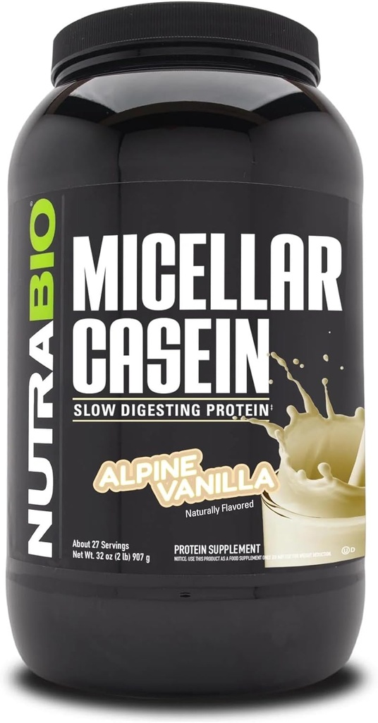 NutraBio Casein Protein Powder, Micellar Casien Powder, 25g Slow Digesting Protein, Helps Keep You Full, Overnight Muscle Recovery & Growth, BCAA & EAA, Gluten Free, Soy Free, 2lb Vanilla
