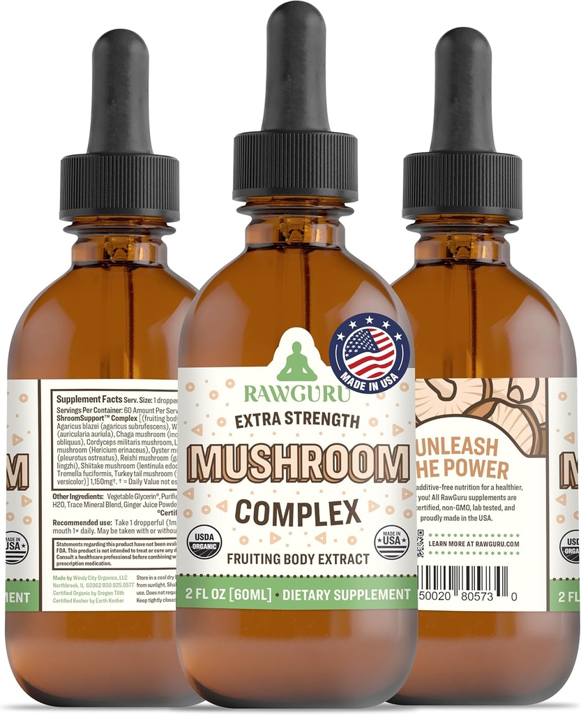 RawGuru Organic Mushroom Complex Βάμμα - Organic Mushroom Extract with Trace Minerals - Nano-Processed Συμπληρώματα Γνωστικής & Ανοσολογικής Υποστήριξης - 60 Μερίδες Vegan Drops ανά 60 ml, Συσκευασία 1