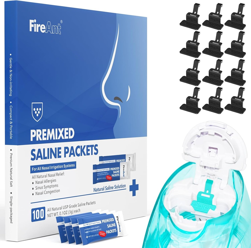 FireAnt 100 Saline Packets και 12 Reuseable Saline Pods Refills Set, Συμβατό με Navage Nasal Care - Περιλαμβάνει 100 Count Salt Packets Sinus Rinse + 12 Pack Silicone Salt Pads Refill in Black