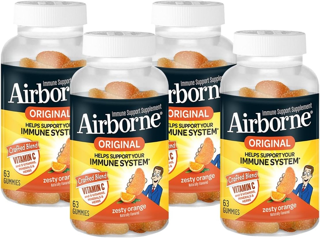 Airborne 750mg Βιταμίνη C Ανοσοποιητική υποστήριξη Gummies συμπλήρωμα για ενήλικες, Zesty Πορτοκαλί Γεύση, Γλουτένη Δωρεάν βιοτεχνημένη ανάμειξη με Ισχυρές Αντιοξειδωτικές Βιταμίνες A C & E, 63 Gummies (4 Pack)
