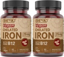 DEVA Διατροφή Vegan Chelated Iron 29 mg Ενισχυμένος με B-12 - Υψηλή Ικανότητα, Εύκολο στην Κατάποση - 90 δισκία, 2- Συσκευασία